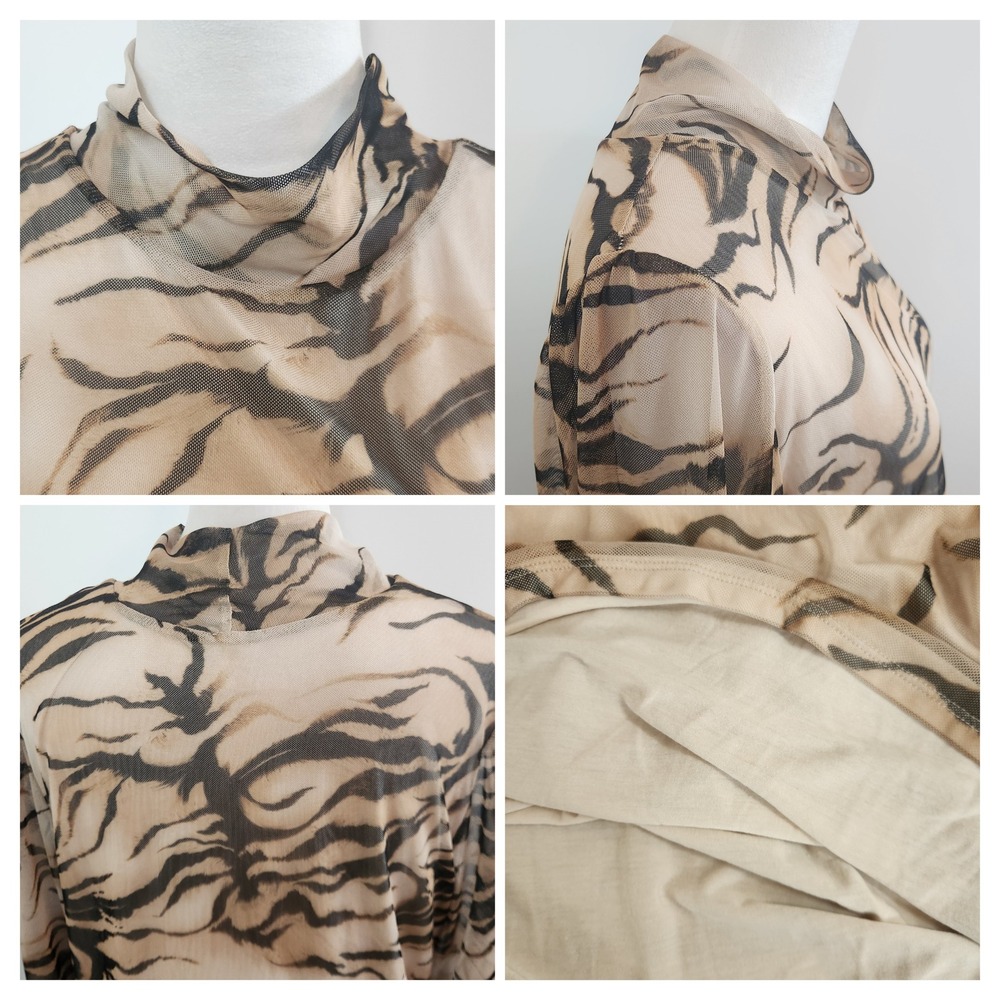 Chico's Size 3 Womens XL Tiger Print Mesh Mock Neck Top Brown Sheer Turtleneck - Picture 7 of 8